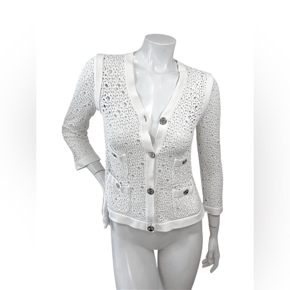Chanel White Openwork Knit CC Button Cardigan Jacket